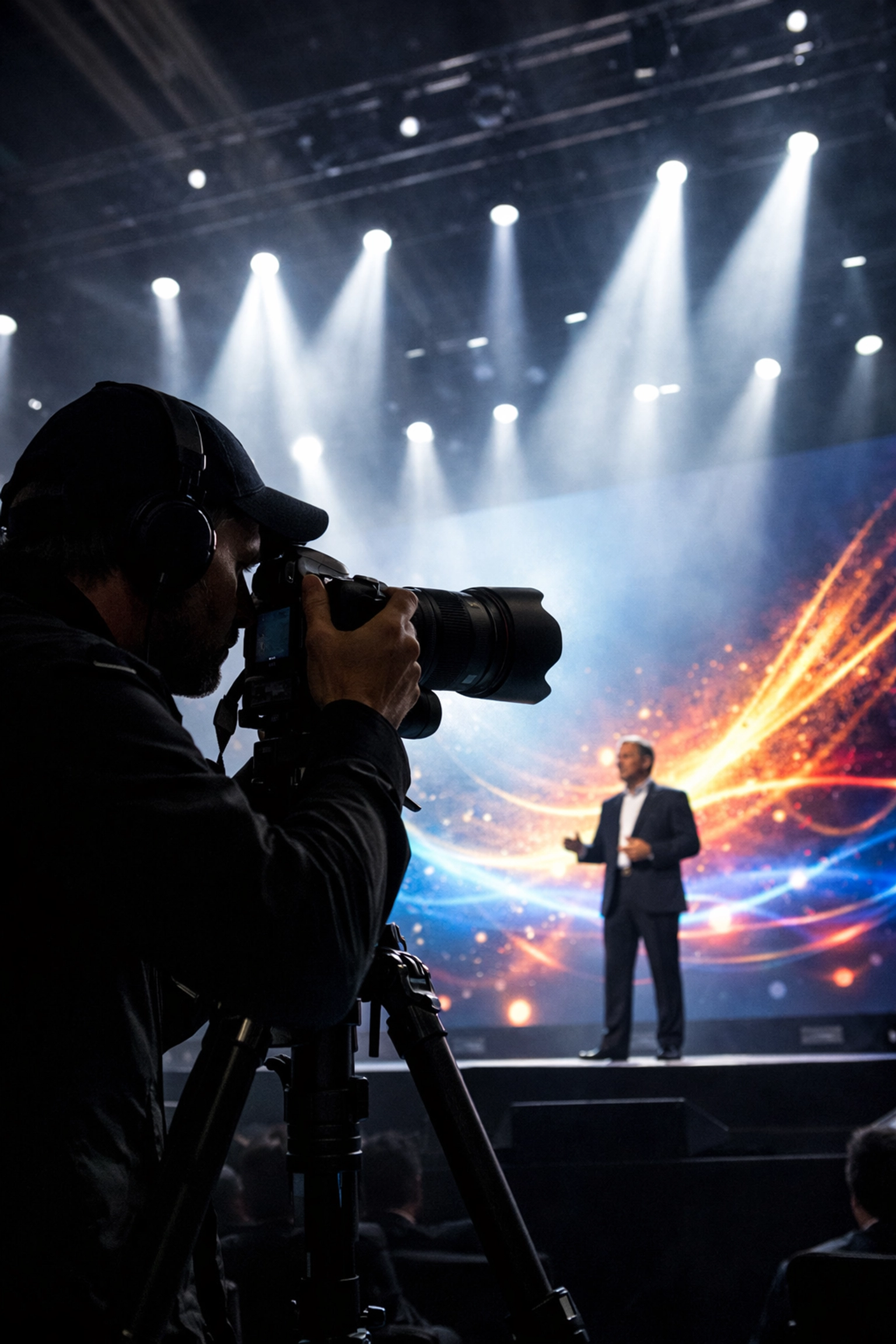 Professional conference photographer in Miami capturing a keynote speaker on a high-tech stage.