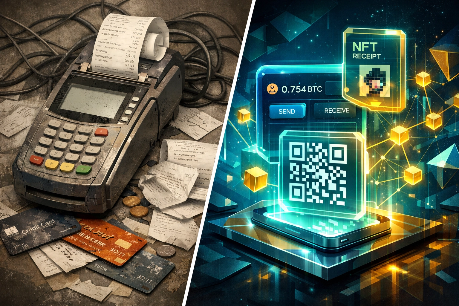 Comparison of traditional payment terminal versus modern crypto wallet with NFT receipts and QR codes