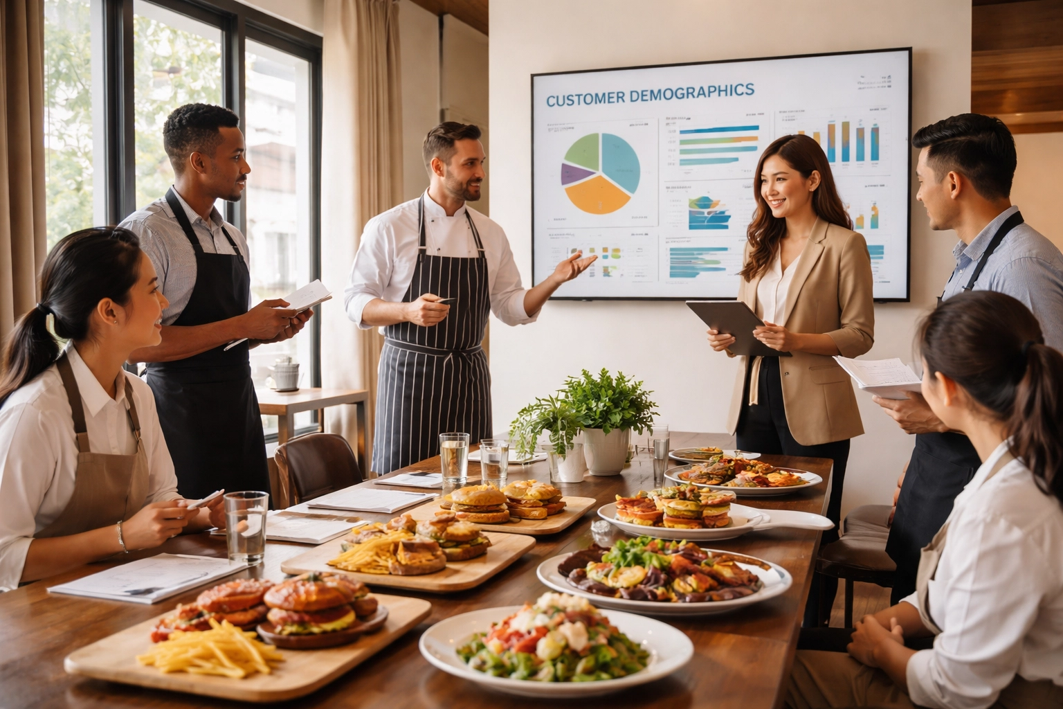 Restaurant team meeting in a sunlit private dining room, discussing premium and value-tier menu strategies for new business growth.