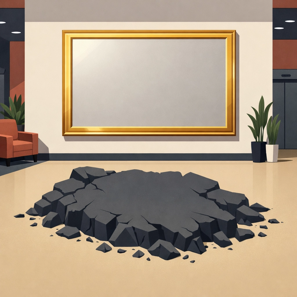 Corporate values plaque casting a crumbling shadow representing the value-wash trap in business.