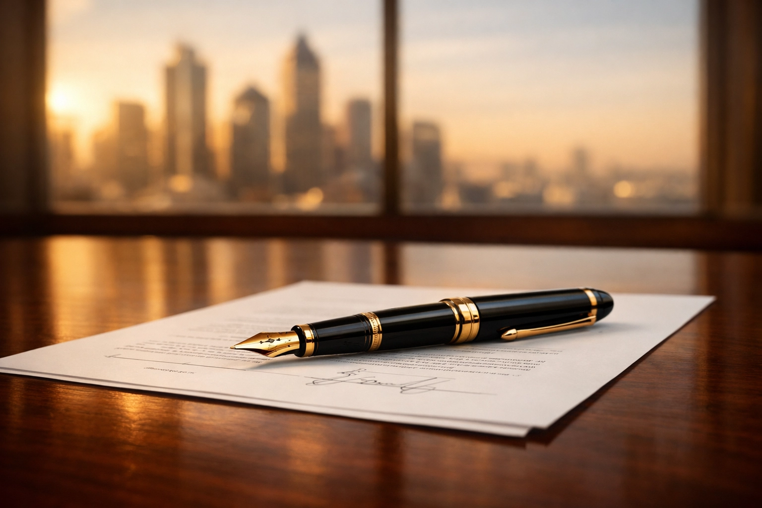 Professional legal document and fountain pen on a boardroom table for commercial due diligence.