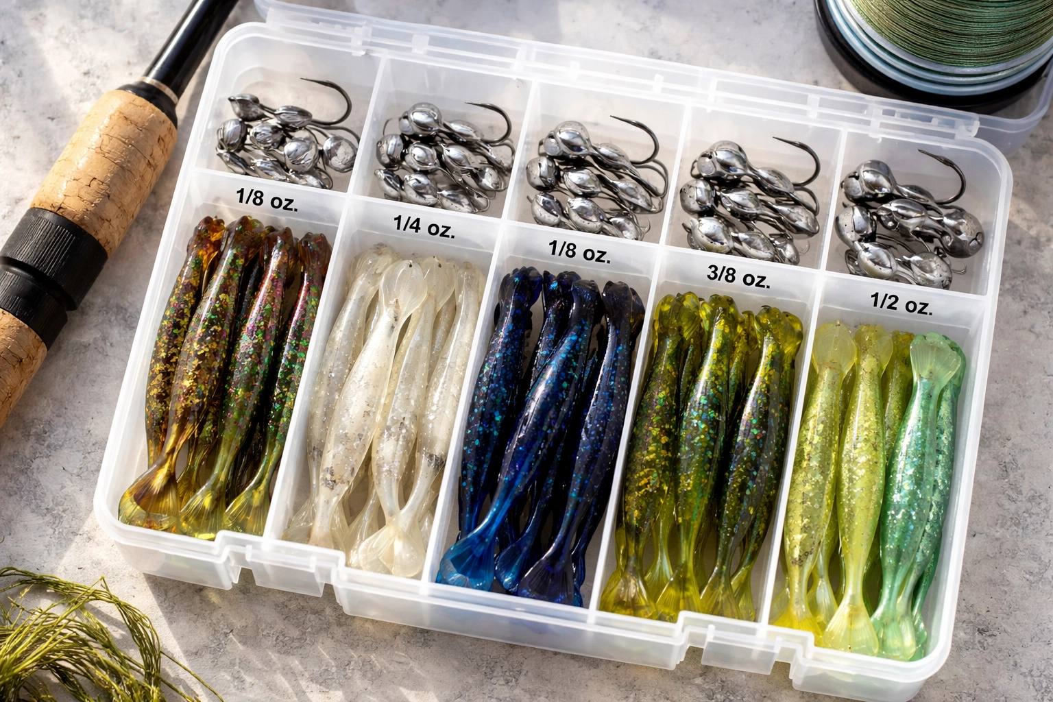 Tackle box filled with organized bucktail jig heads and soft plastic trailers for versatile fishing set-ups.