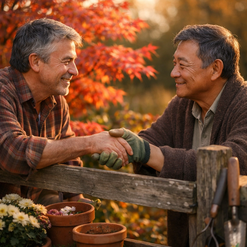 Two middle-aged men connecting over a garden fence in autumn, beginning their late-bloomer romance