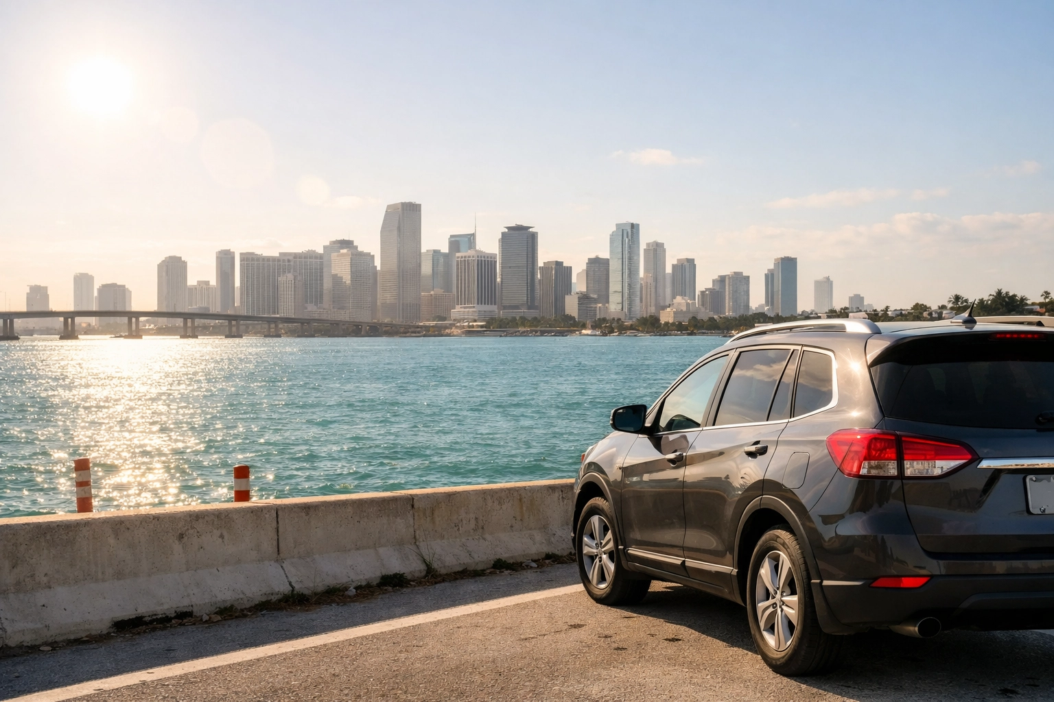 Sunset view of the Miami skyline from the MacArthur Causeway, an essential stop for fun things to do in Miami.