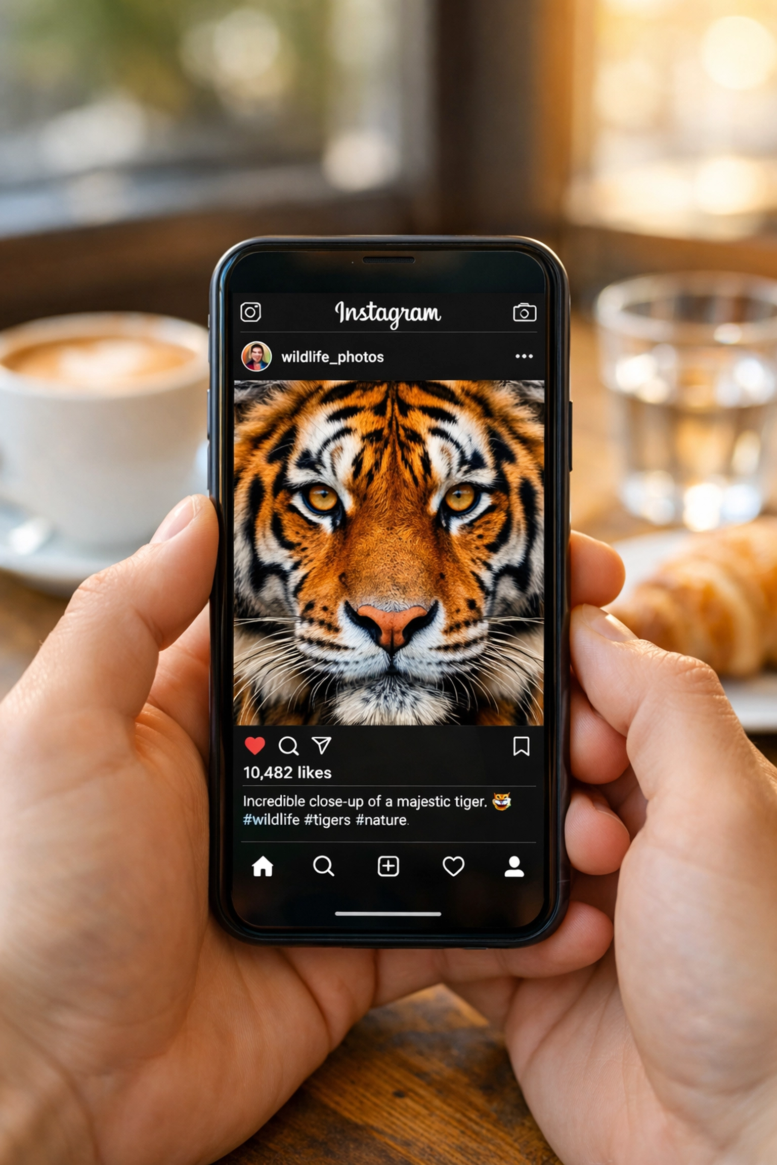Instagram feed displaying tiger wildlife photography on smartphone for social media marketing