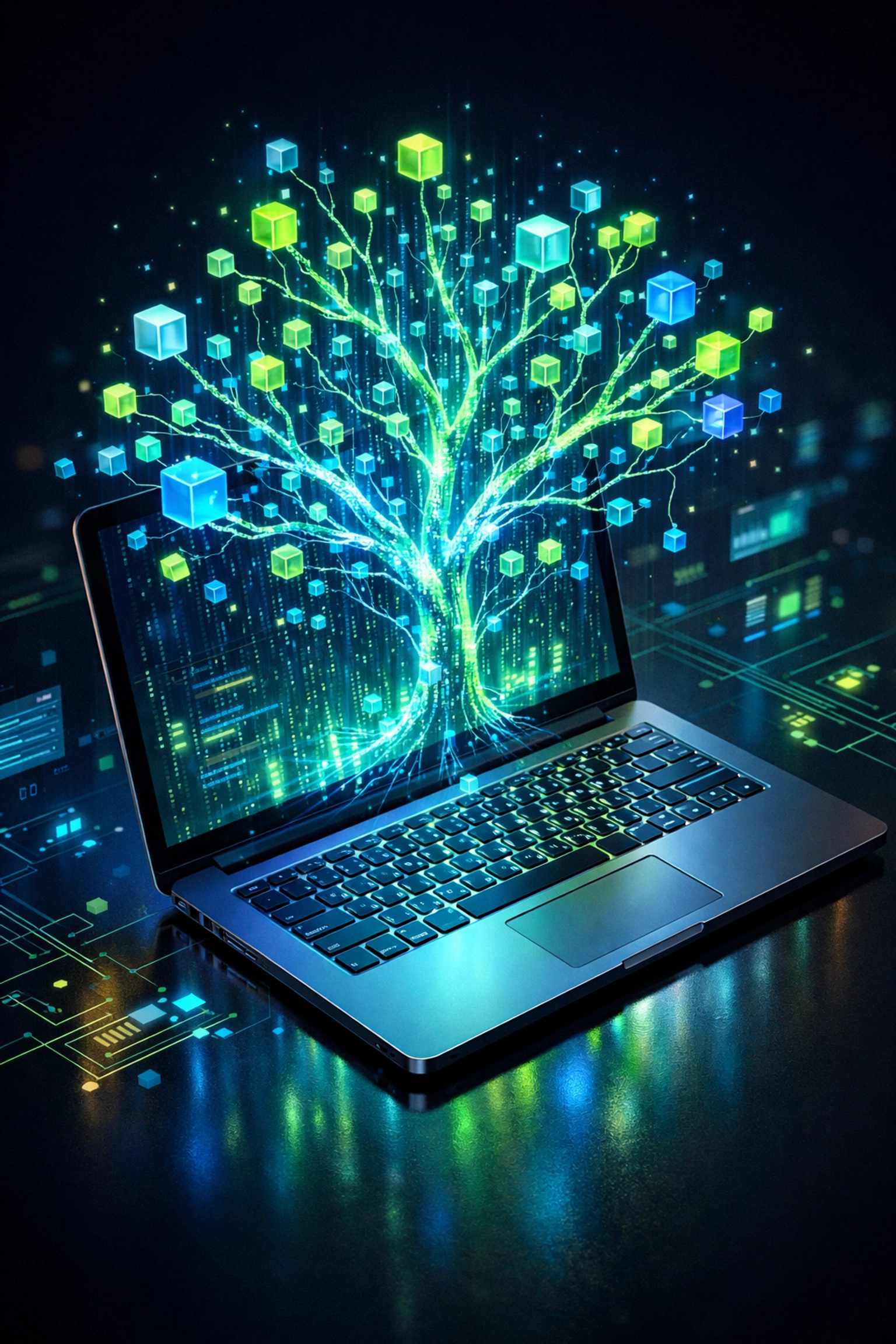 Digital tree of code nodes growing from a laptop representing an evolving GitHub data science portfolio.