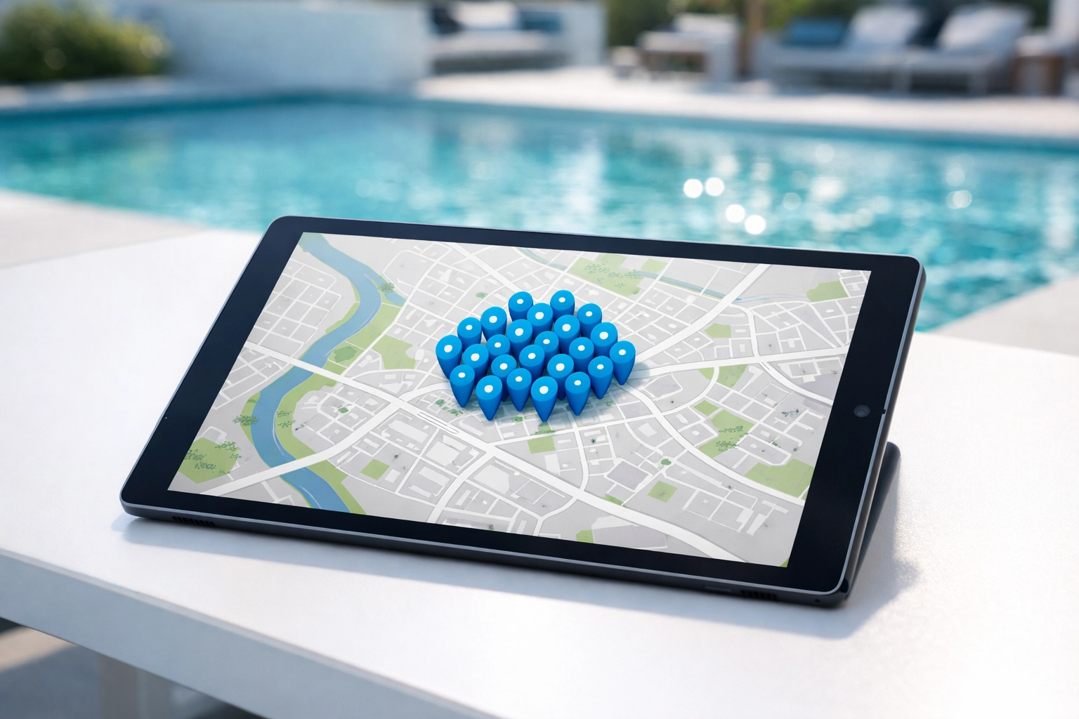 Digital tablet showing a high-density pool route map for optimized service and profitability.