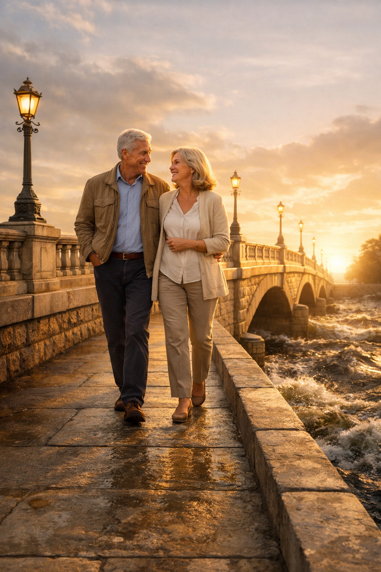 A couple walking safely on a stone bridge above stormy waters, representing a secure and stable retirement foundation. A couple walking safely on a stone bridge above stormy waters, representing a secure and stable retirement foundation.