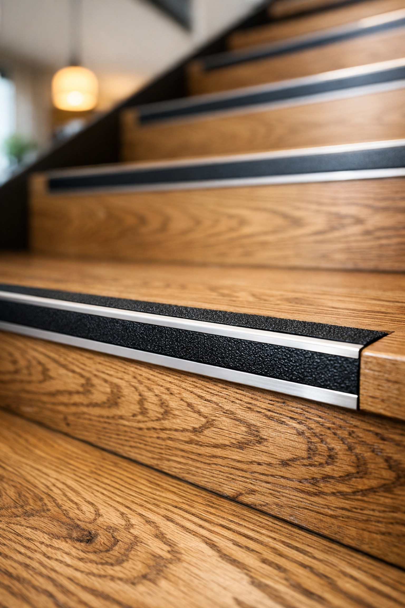 High-contrast anti-slip strips on wooden stair treads for improved visibility and safety.