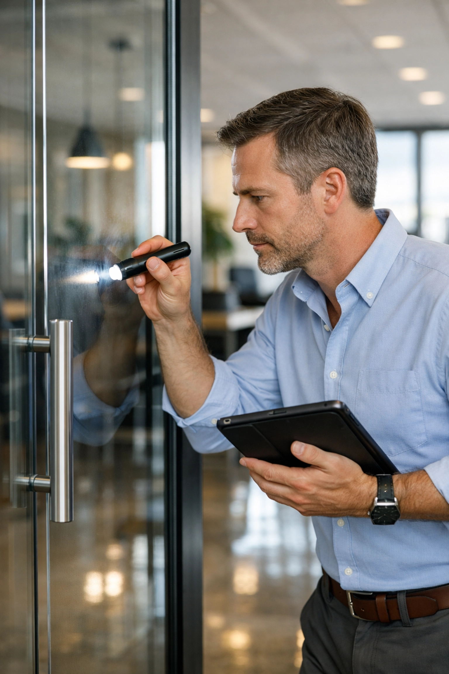 Manager conducting janitorial quality inspection in NJ commercial office