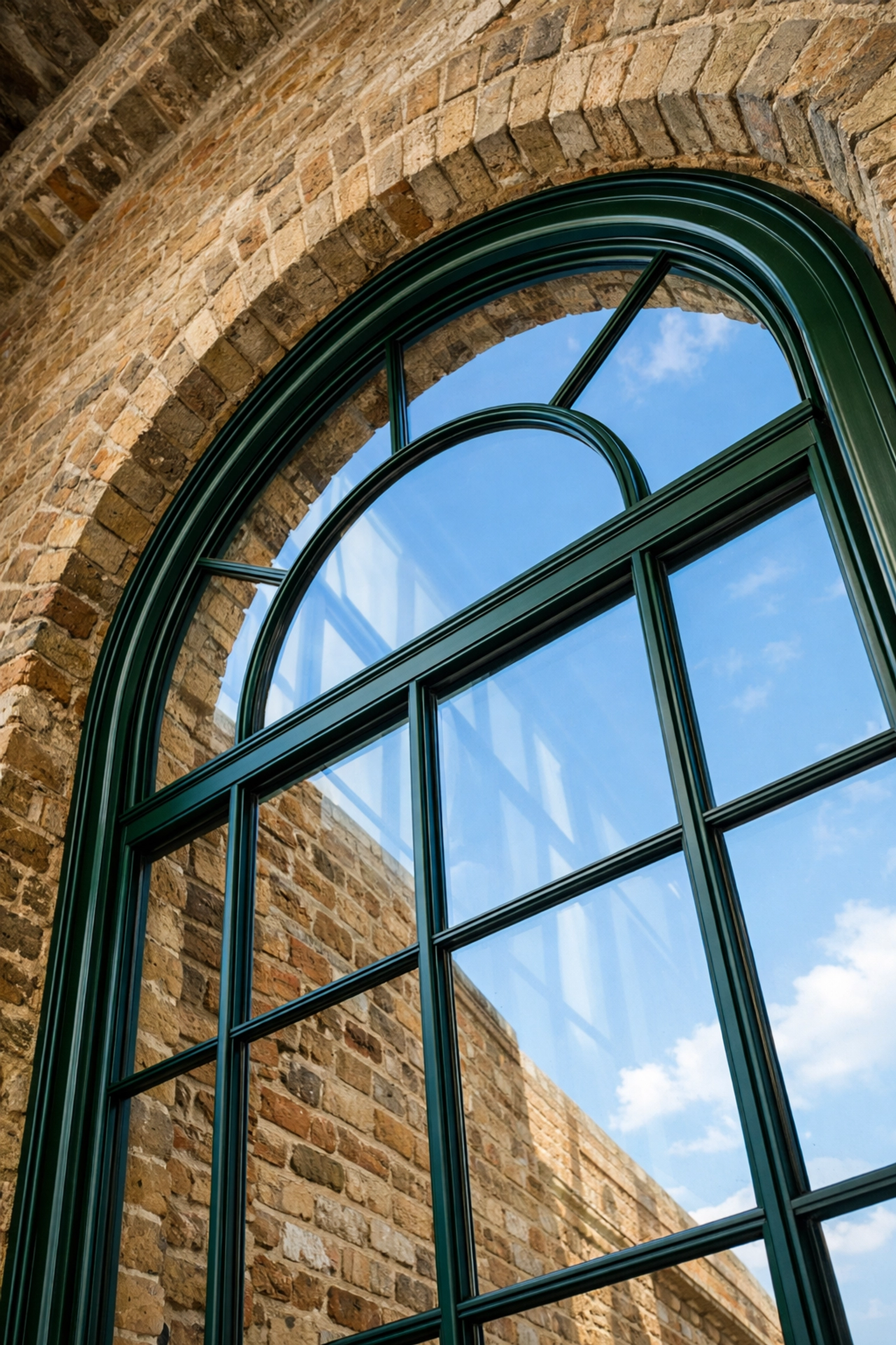 Bespoke arched secondary glazing with a custom green frame installed in a period property.