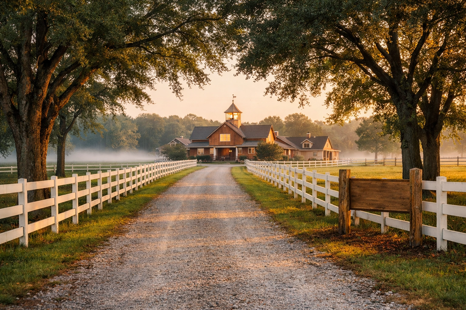 Horse farm entrance in Waxhaw NC with white board fencing and tree-lined gravel driveway