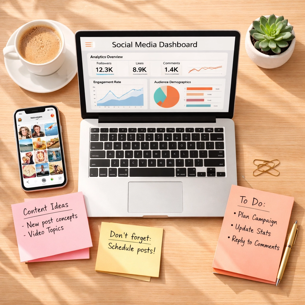Social media workspace with laptop dashboard and phone for AI content creation