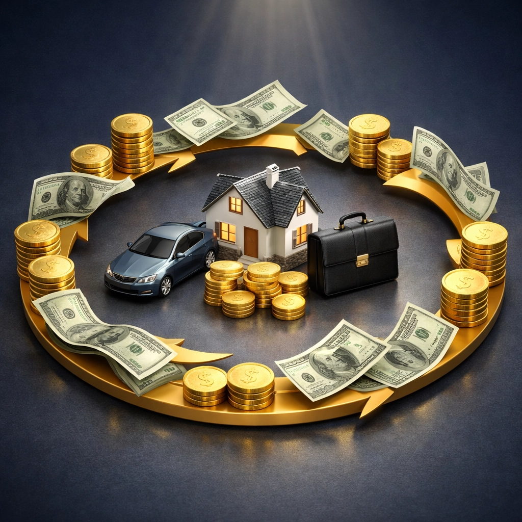 Circular wealth flow diagram showing money recirculating through family banking assets