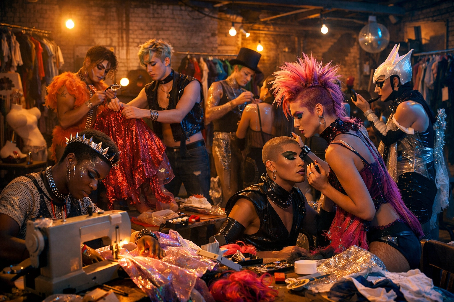 LGBTQ+ Club Kids creating DIY fashion and costumes in New York warehouse, 1980s