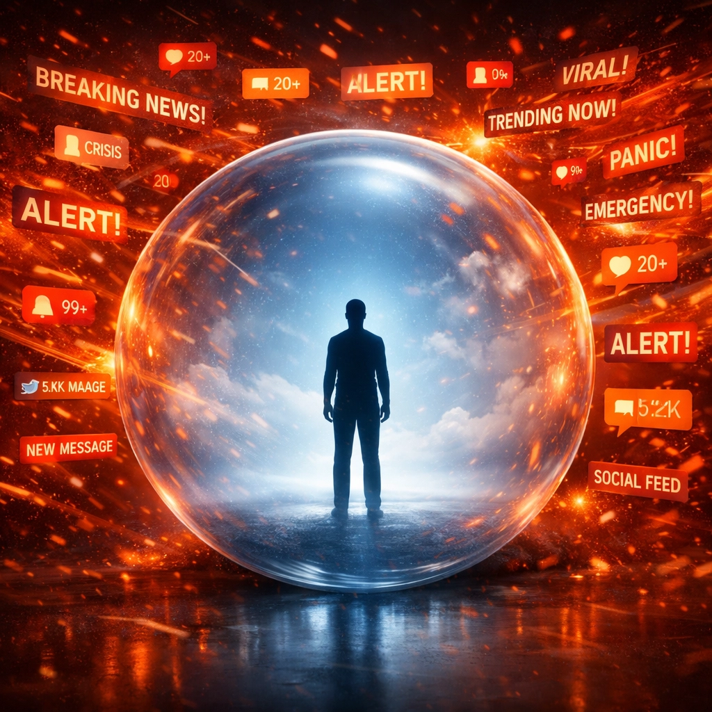 Person standing calm inside peaceful sphere surrounded by chaotic news headlines and alerts