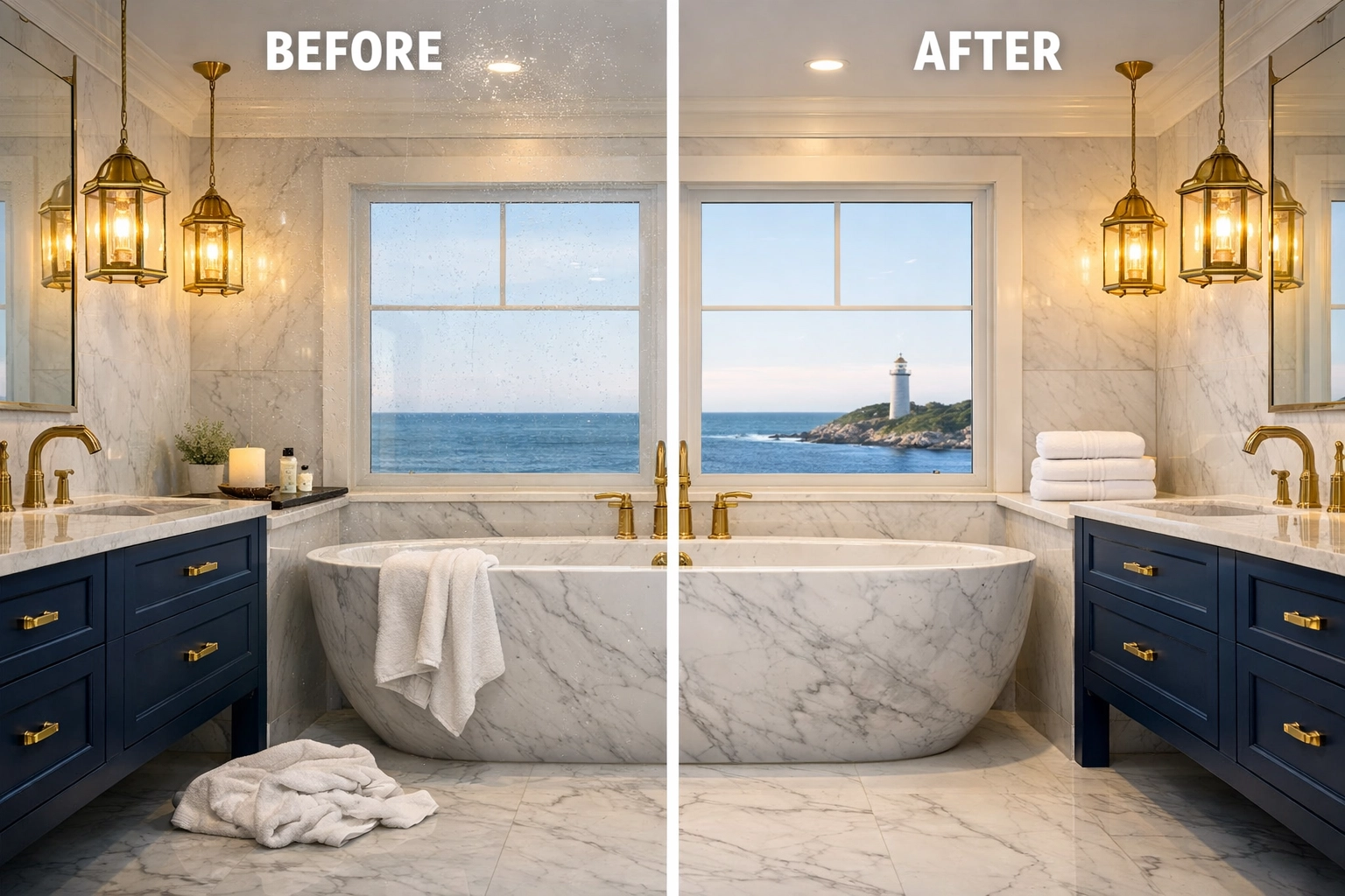 Before and after of a luxury bathroom cleaned by professional house cleaning in Scituate MA experts.