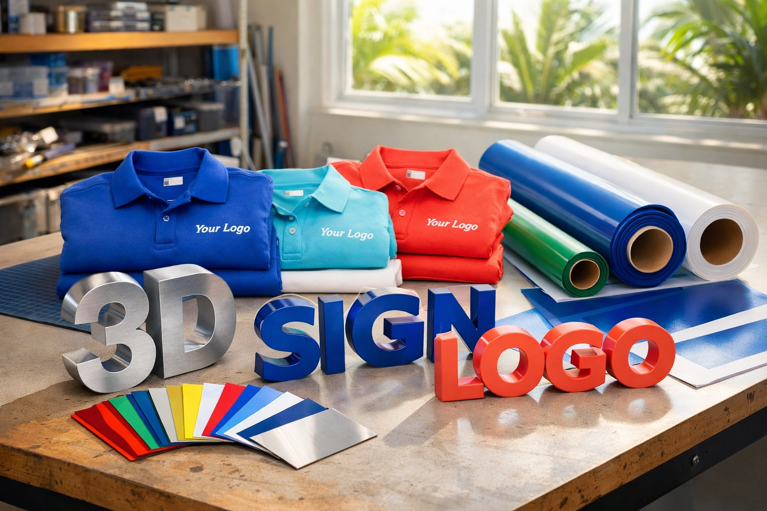 Variety of custom signage materials and embroidered shirts displayed at Kona Impact sign shop
