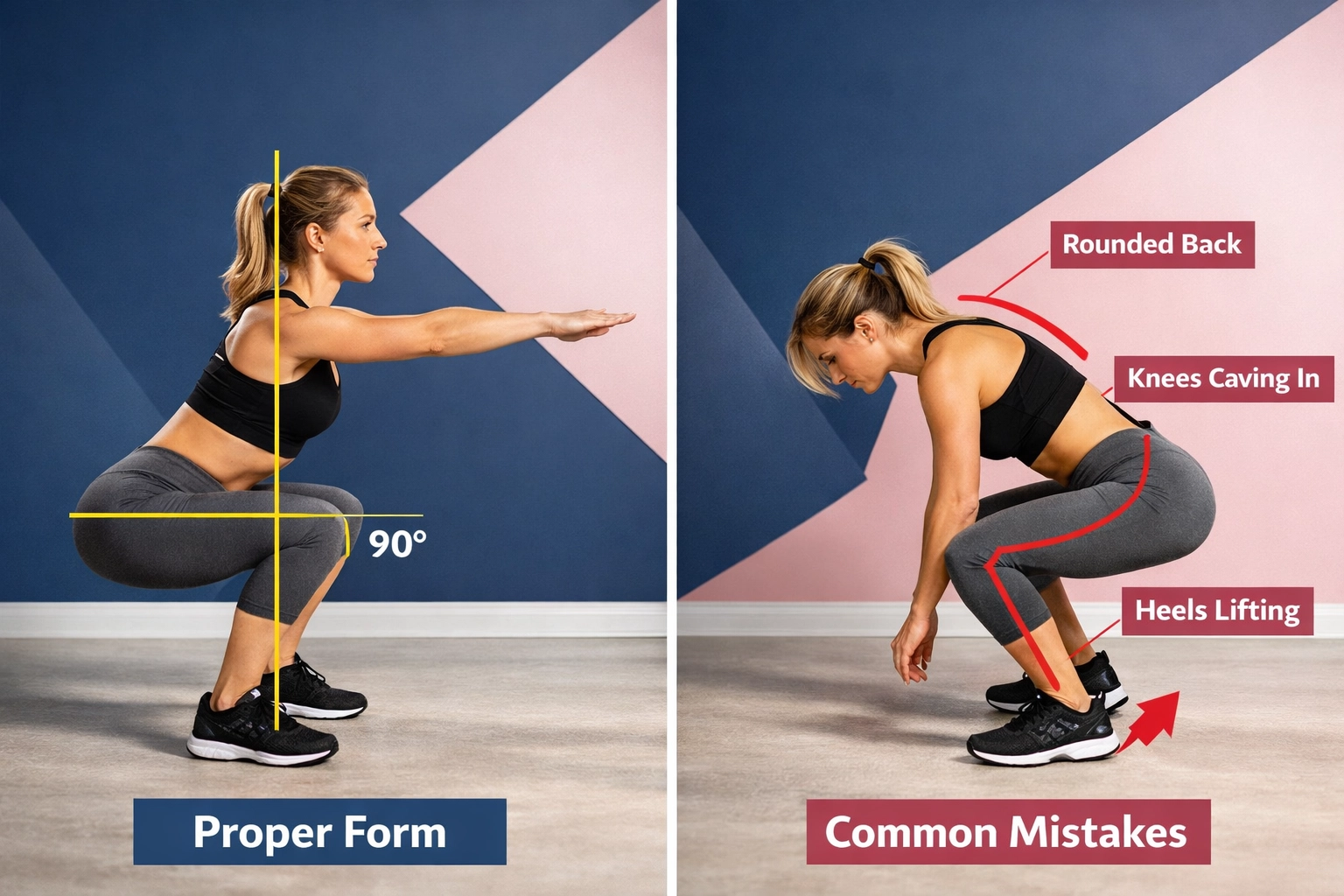 Proper squat form demonstration for beginner strength training