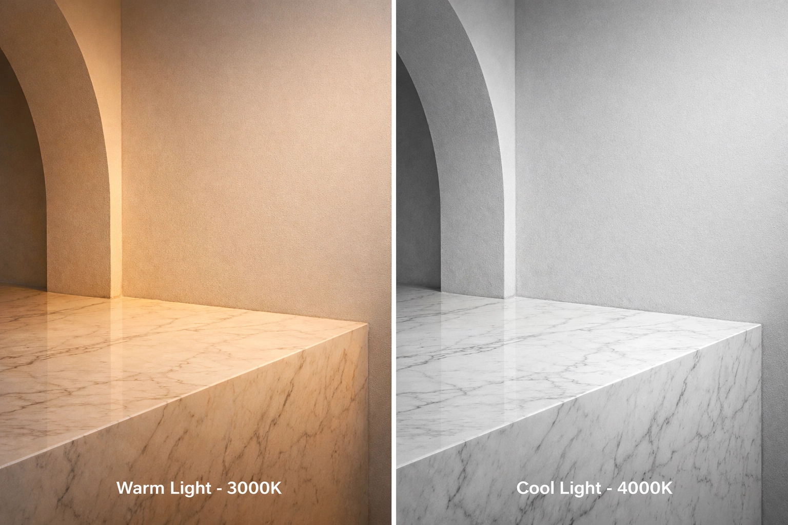 3000K vs 4000K color temperature comparison on marble surfaces for kitchen under cabinet lighting.