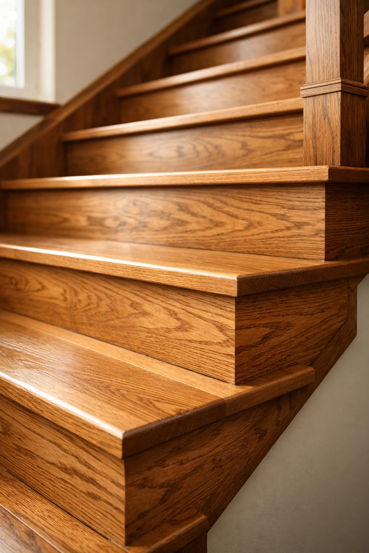 Close-up of safe wooden stairs with uniform riser height and beveled edges for trip prevention.