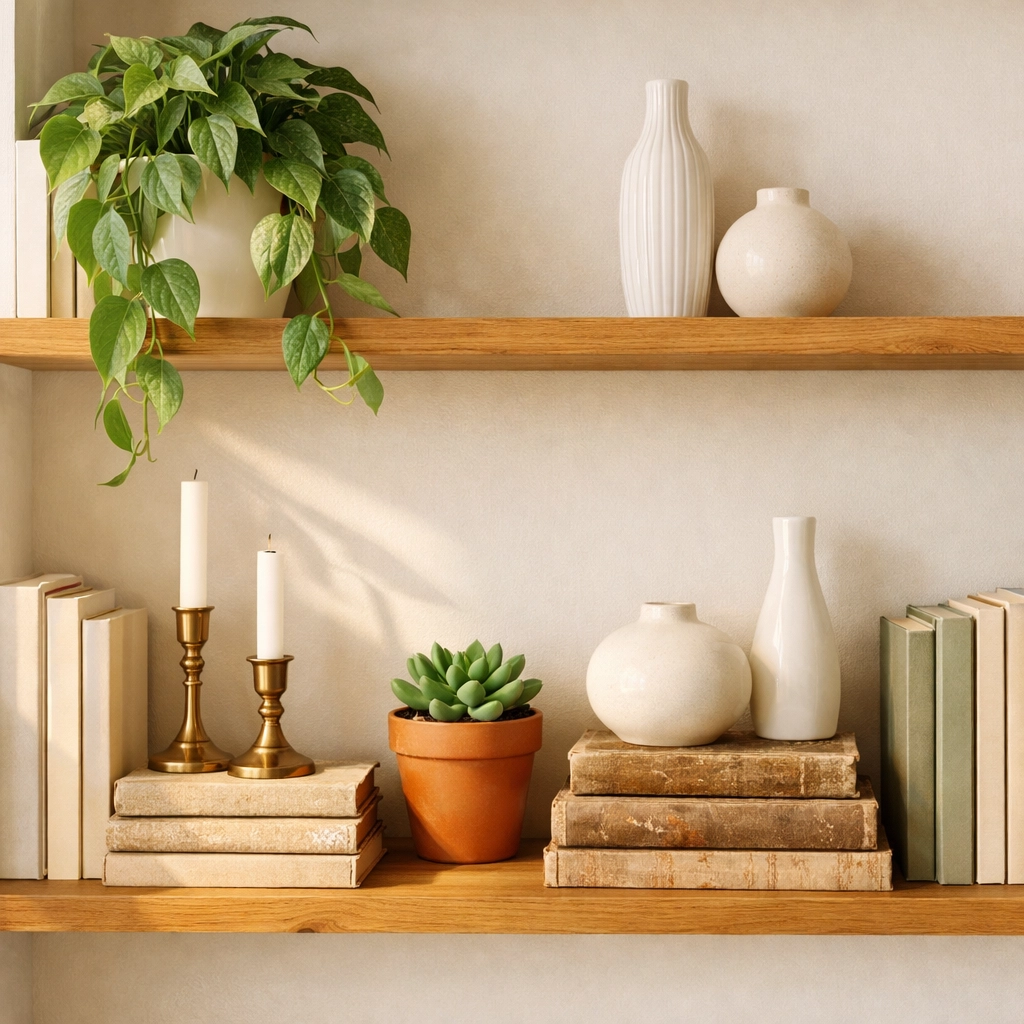 Styled bookshelf with vertical and horizontal book stacks, trailing plants, and ceramic vases