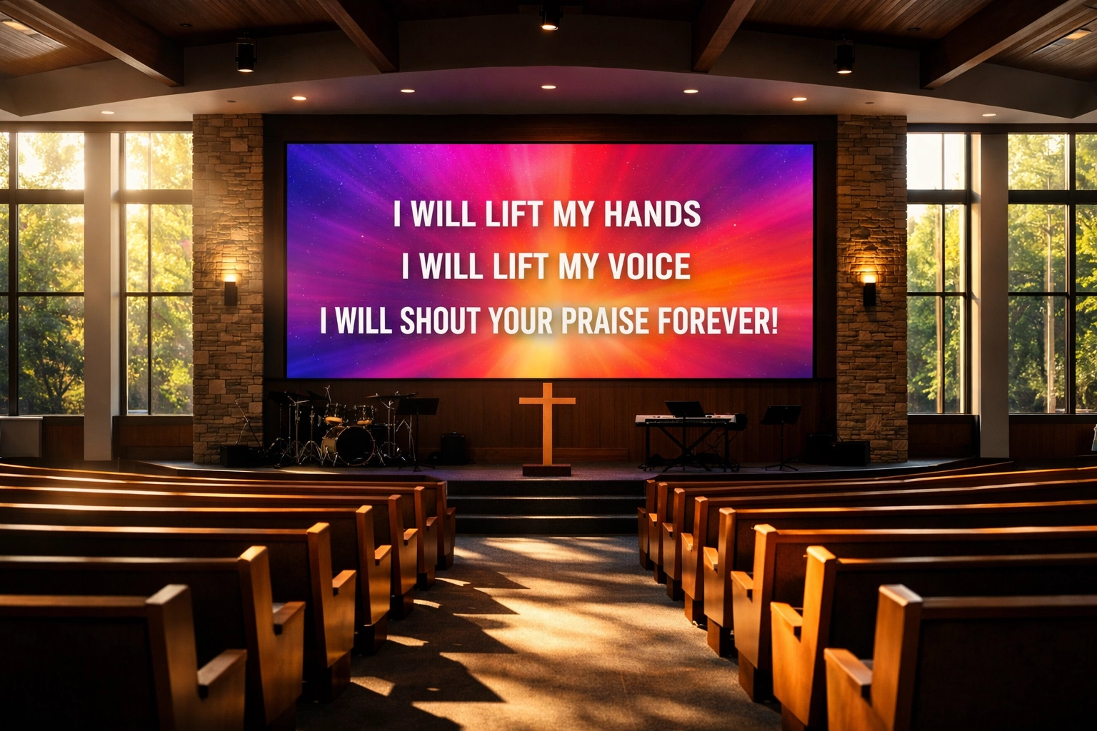 LED video wall displaying worship lyrics in bright church sanctuary with natural daylight