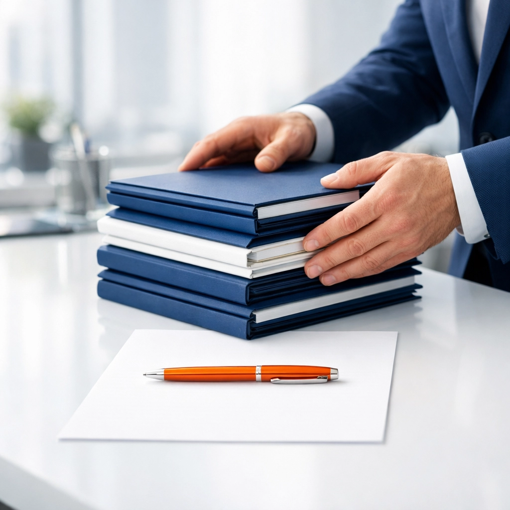 Business professional organizing clean financial records and EBITDA documents for a preschool valuation and sale.