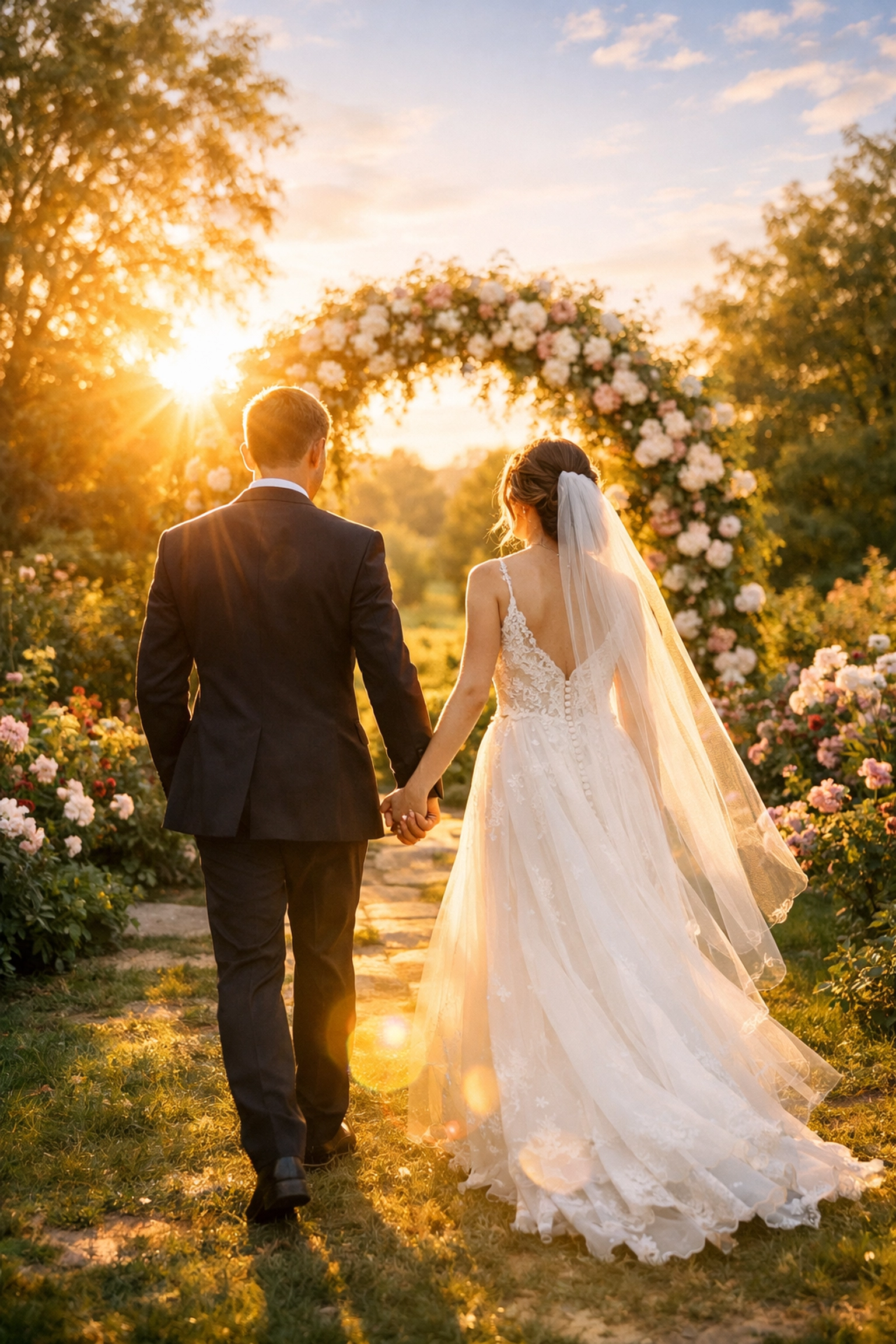 Bride and groom walking toward a floral arch enjoying a stress-free and debt-free wedding celebration.