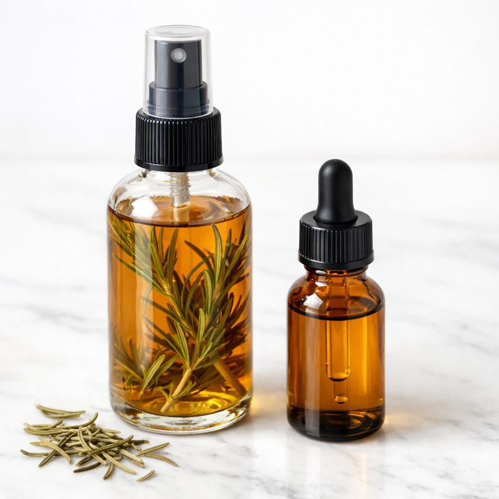 Rosemary hair tonic spray and essential oil on marble for natural hair thickening.