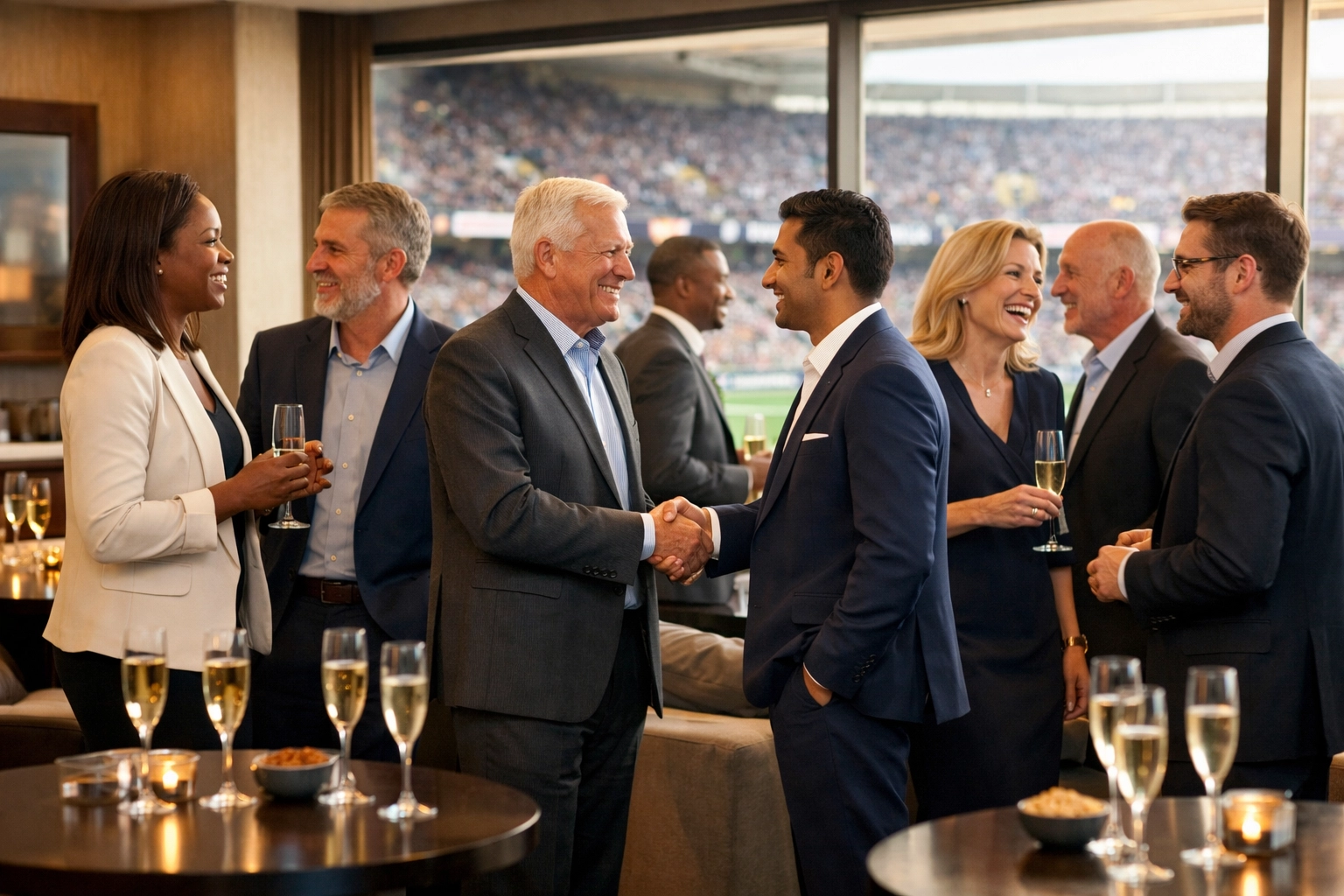Business executives networking at Super Bowl VIP hospitality suite for corporate relationship building