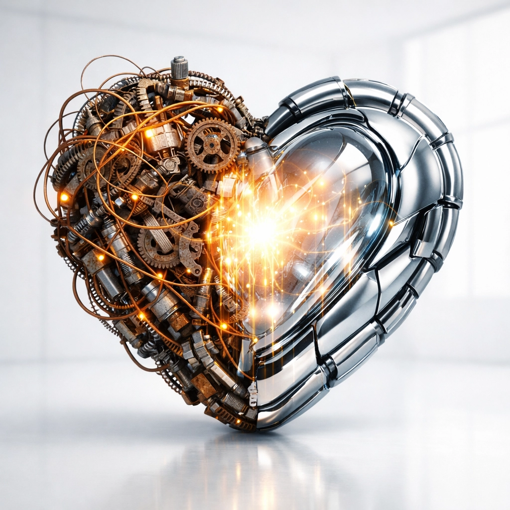 A mechanical heart transitioning from tangled wires to a unified core, representing streamlined AI business automation.