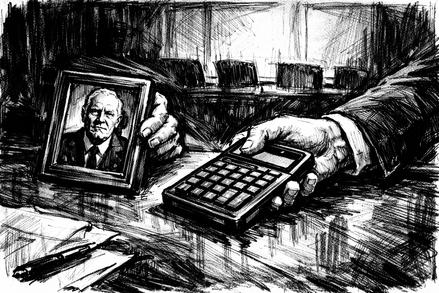 Sketch of a business owner's portrait being pushed aside by a calculator, representing the shift from legacy to liquidity.