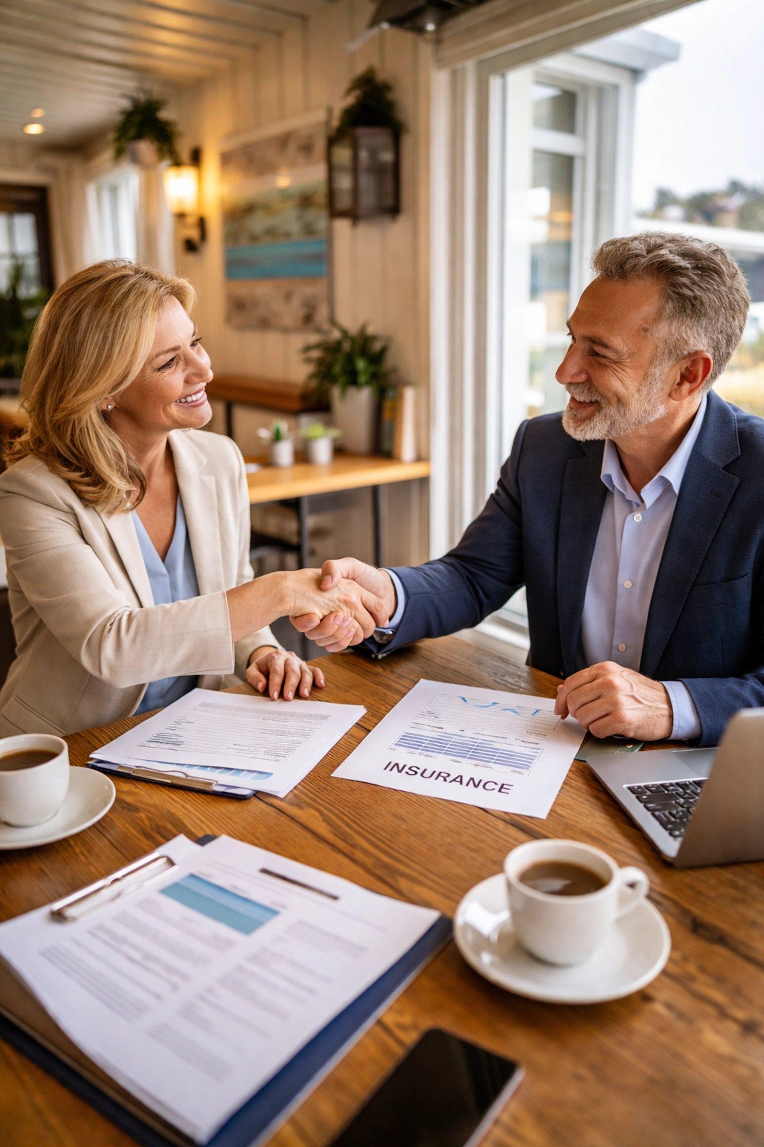 Business professionals meeting in a Cape Cod office to discuss insurance solutions before summer