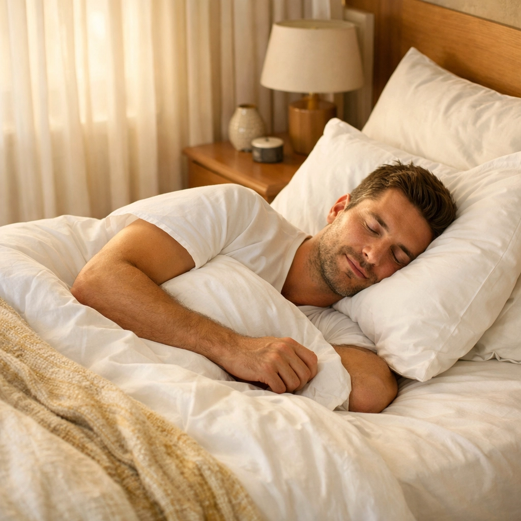 Man sleeping deeply to naturally boost testosterone and growth hormone for hormone optimization.