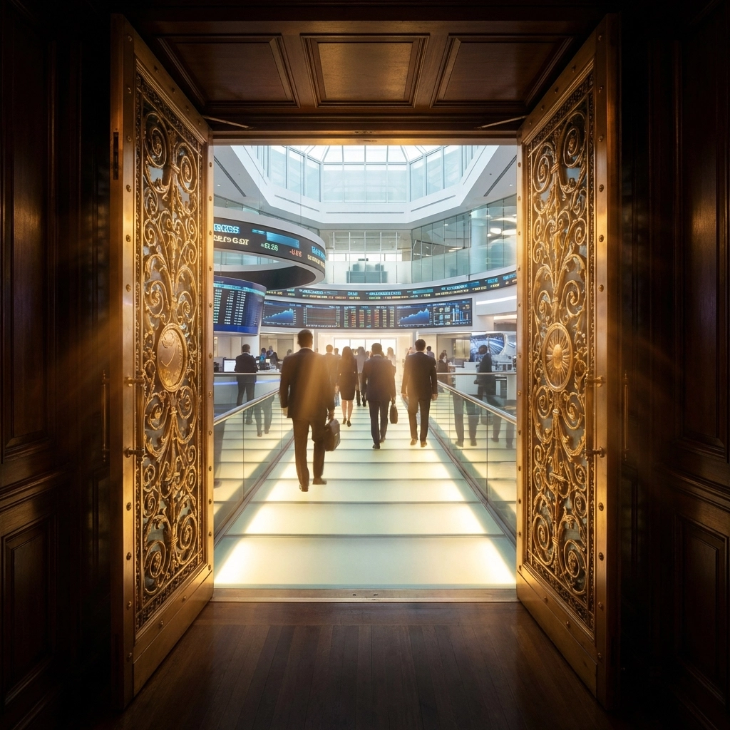 Golden doors opening to a bright trading floor, representing increased access to alternative investments for accredited investors.