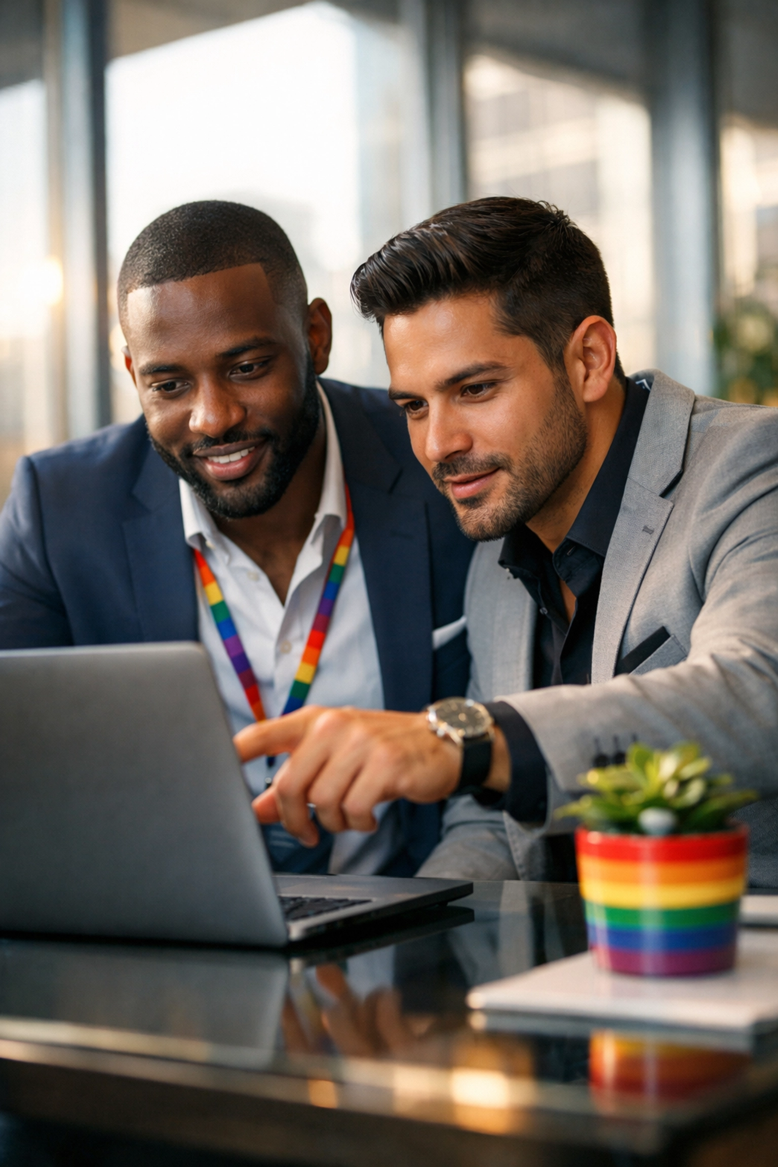 Diverse gay men collaborating in a modern office, highlighting LGBTQ+ professional development and queer leadership.
