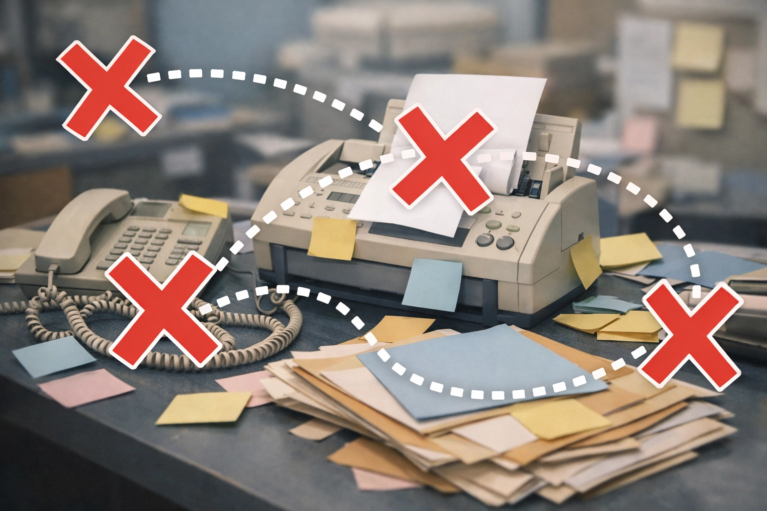 Cluttered SNF admissions desk with jammed fax machine illustrating inefficient manual veteran referral workflow