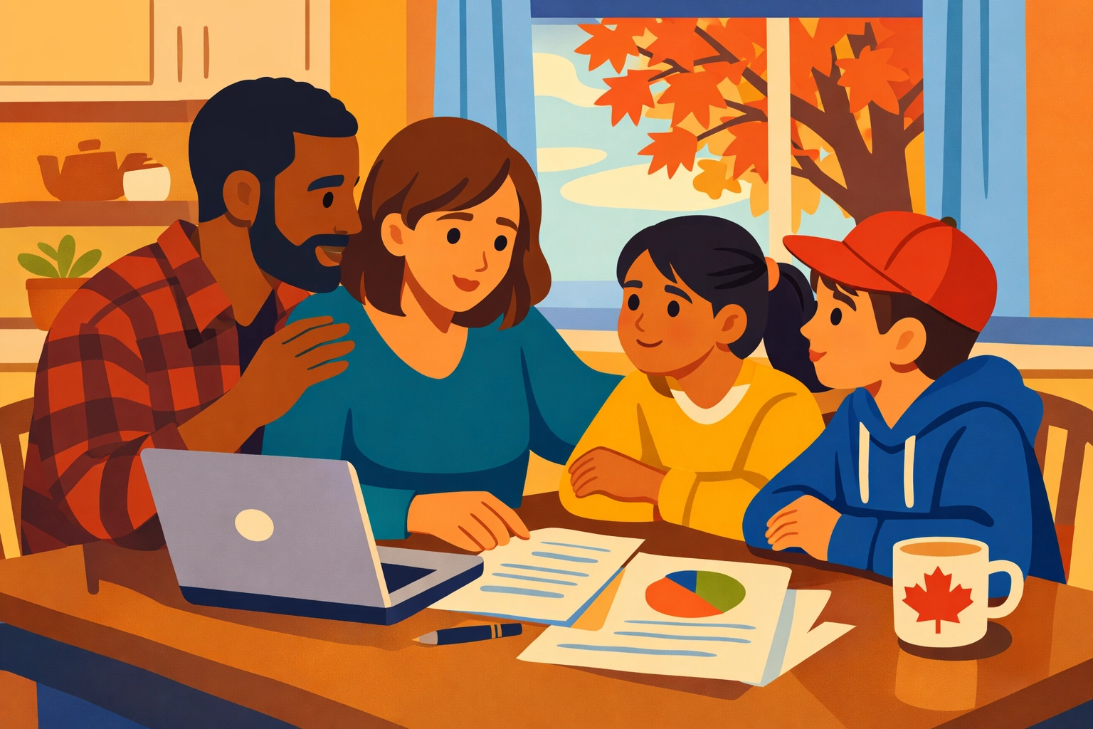 Canadian family discussing estate planning and guardianship at kitchen table