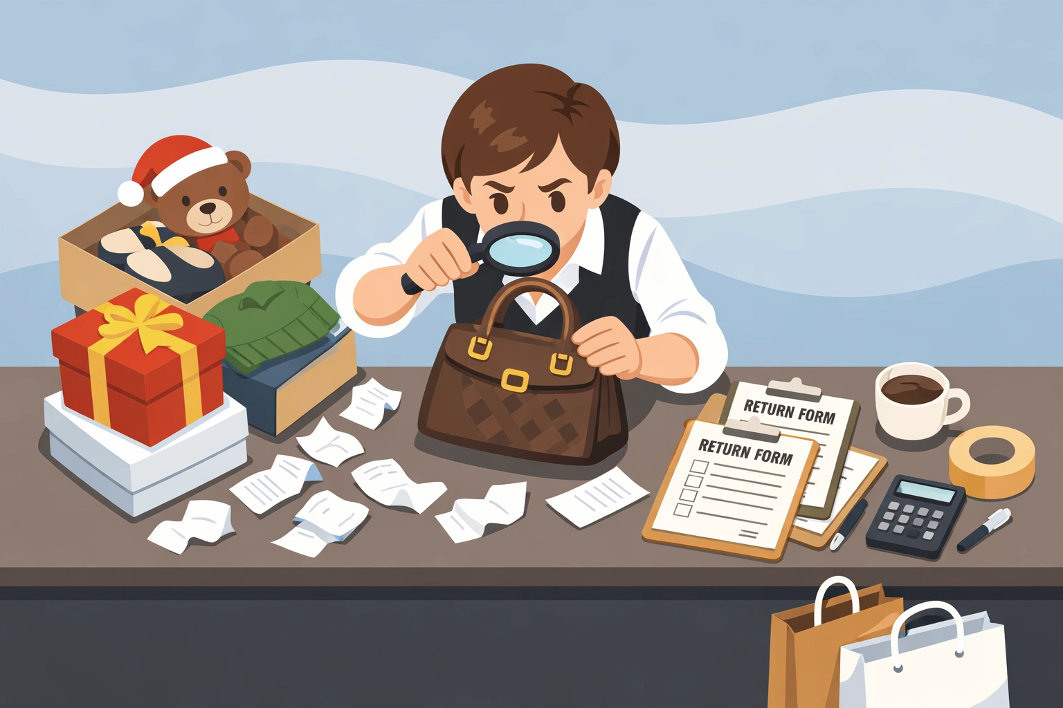 Pawn shop owner inspecting returned designer handbag for switch-and-return fraud