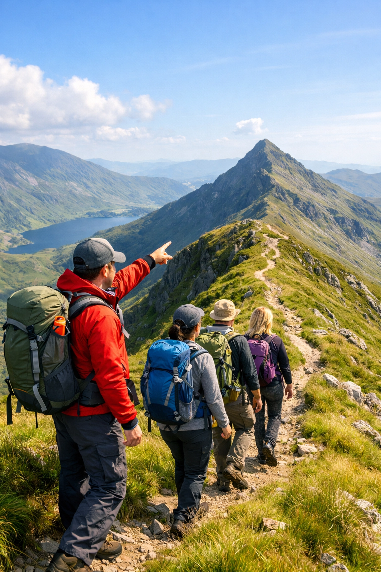 Hikers on a guided hiking tour in the UK walking along a scenic mountain trail with a guide.