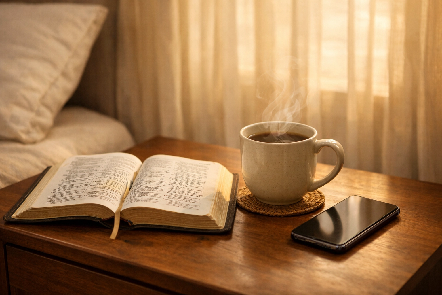 Peaceful morning setup with Bible, coffee, and phone face-down on nightstand in golden sunlight