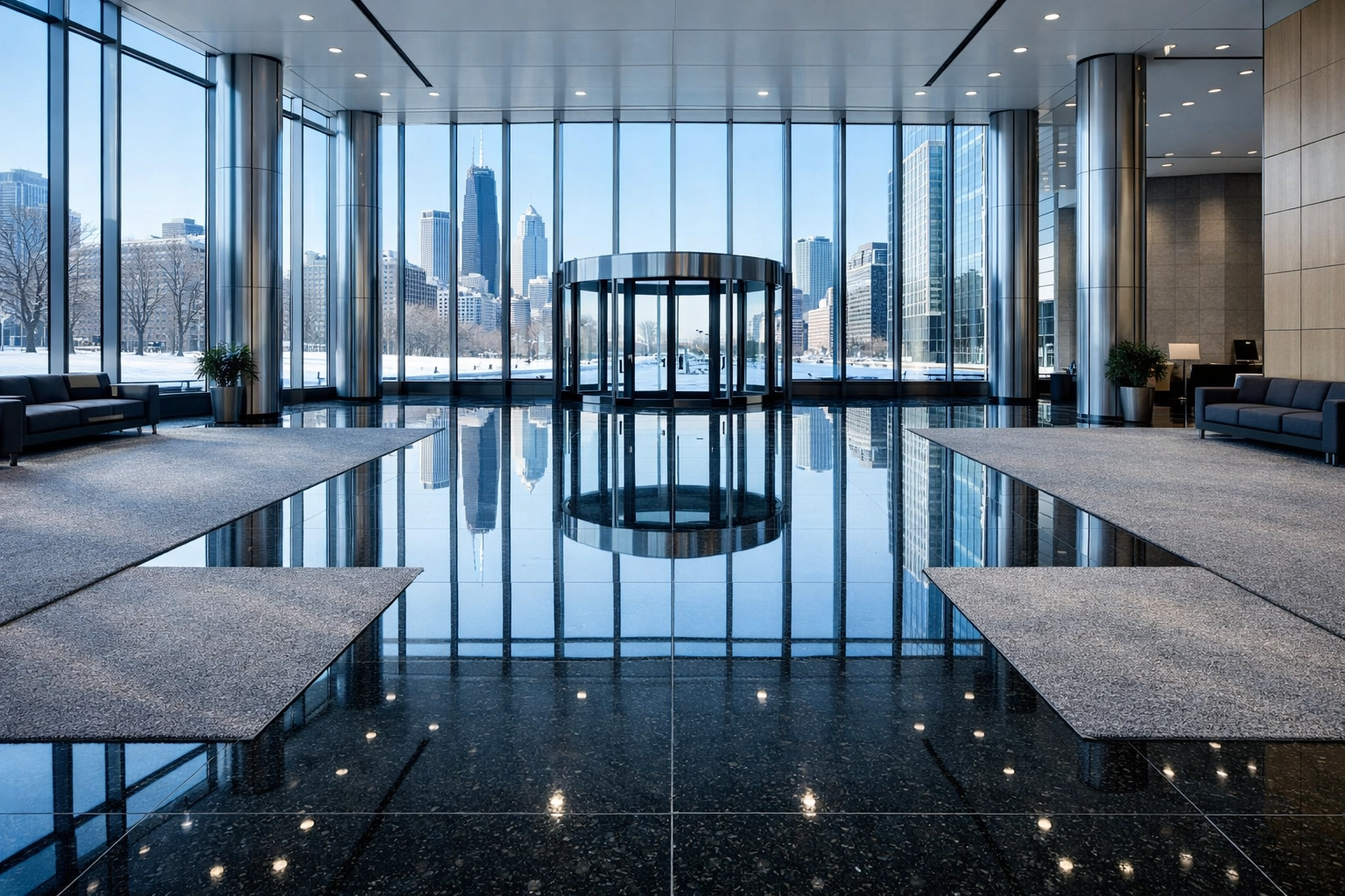 Pristine Chicago commercial lobby with polished granite floors after a deep cleaning service.