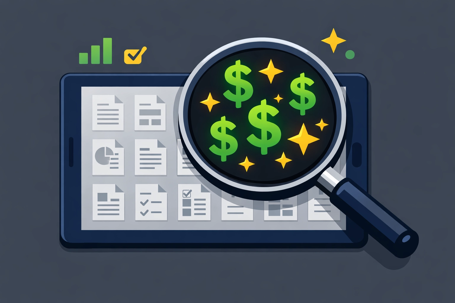 Magnifying glass revealing hidden tax credits and refund savings on a digital tablet screen.