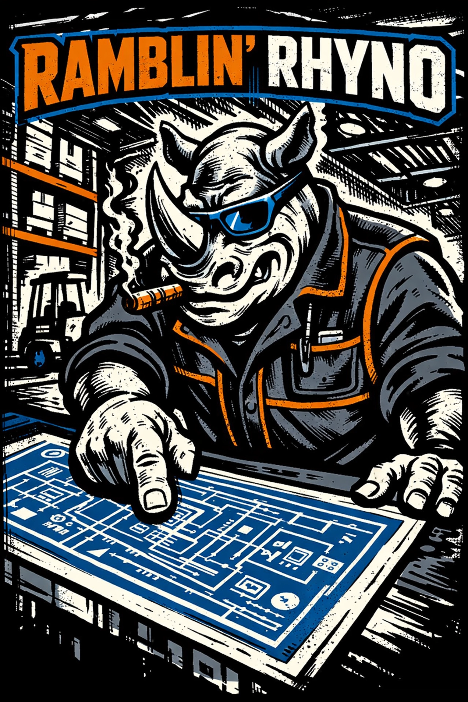 Ramblin’ Rhyno mascot as a distribution expert reviewing blueprints to support HVAC business growth and networking.