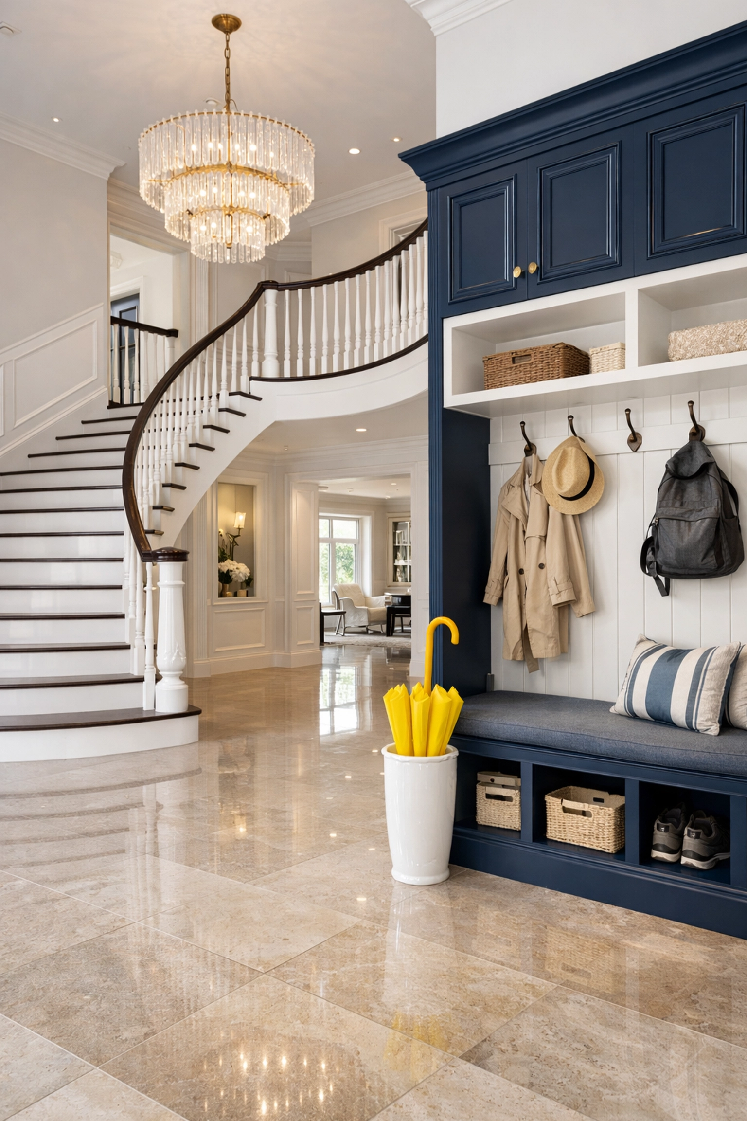 Impeccable grand foyer and mudroom highlighting premium residential cleaning Massachusetts for large estates.