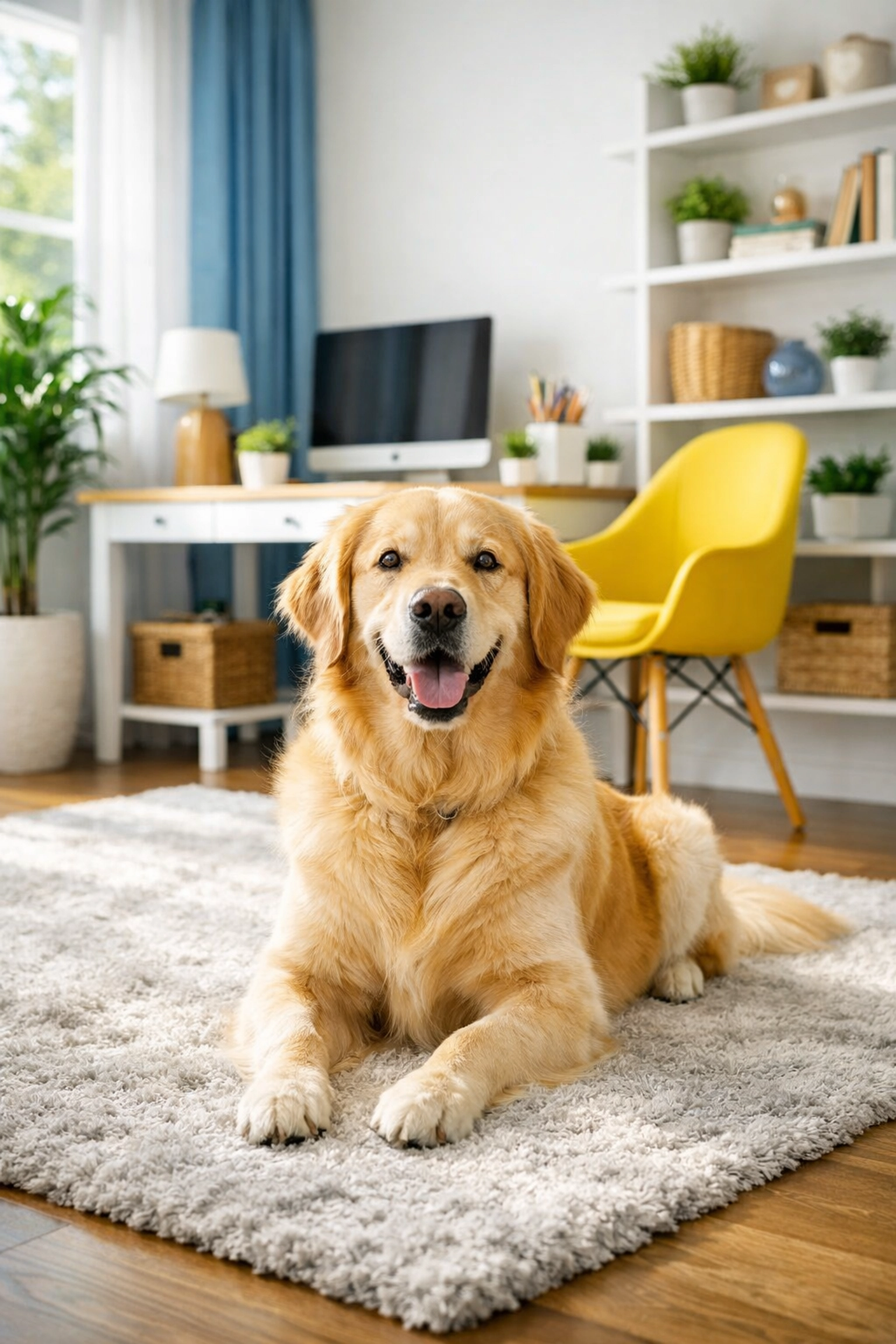 Happy pet in a clean, healthy living room provided by eco-friendly house cleaning Dunstable MA professional teams.