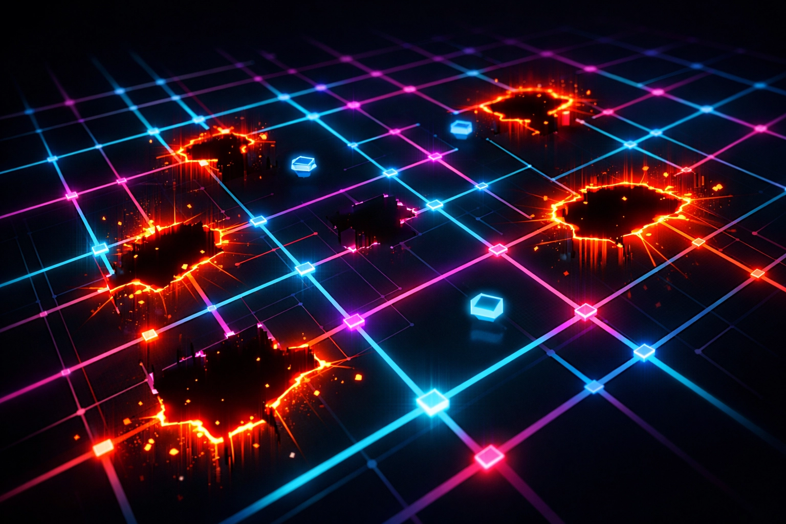 Fragmented grid visualizing gaps in AI metrics and monitoring systems for enterprise compliance