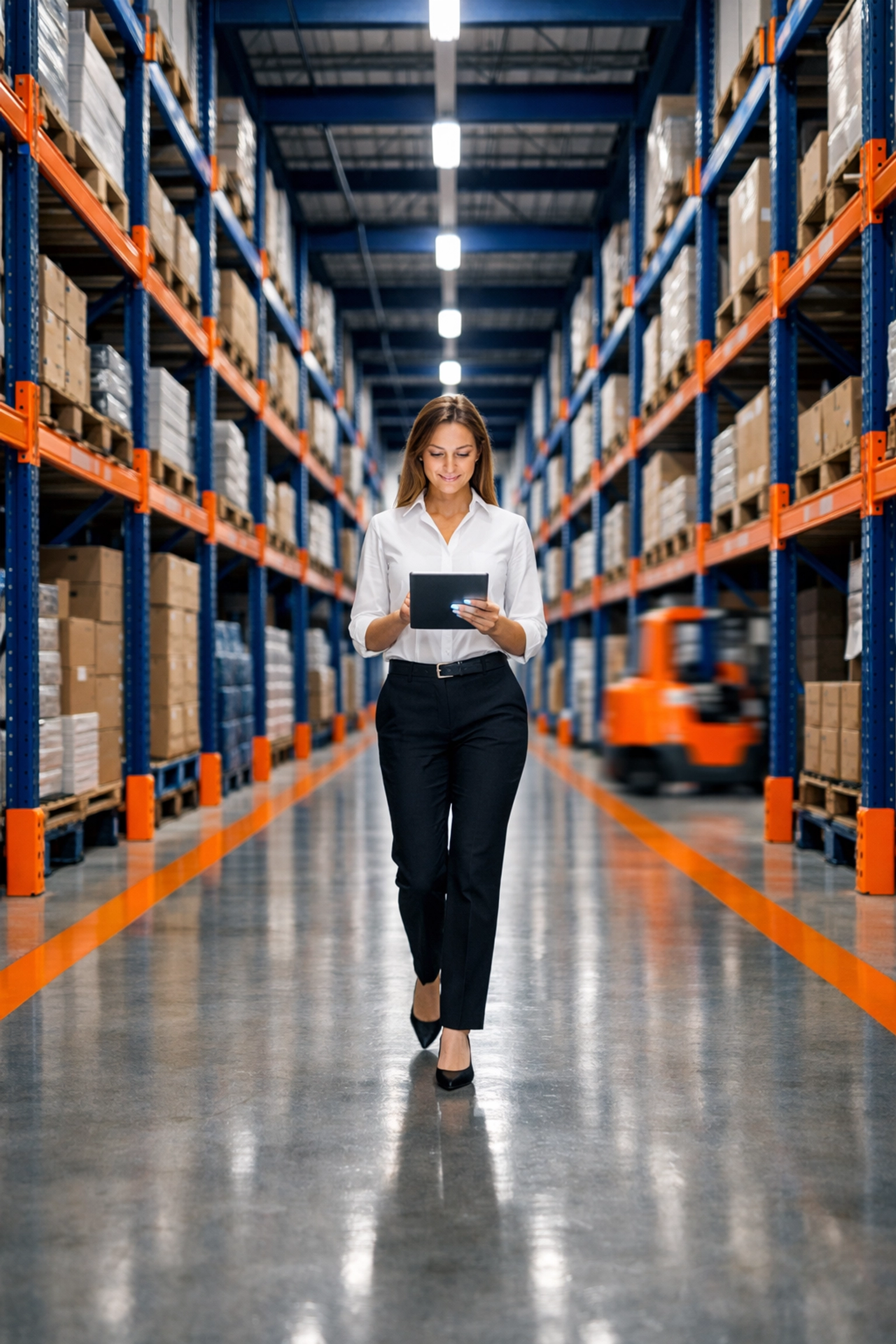 Executive in a modern warehouse analyzing operational cash flow and working capital for a business sale.