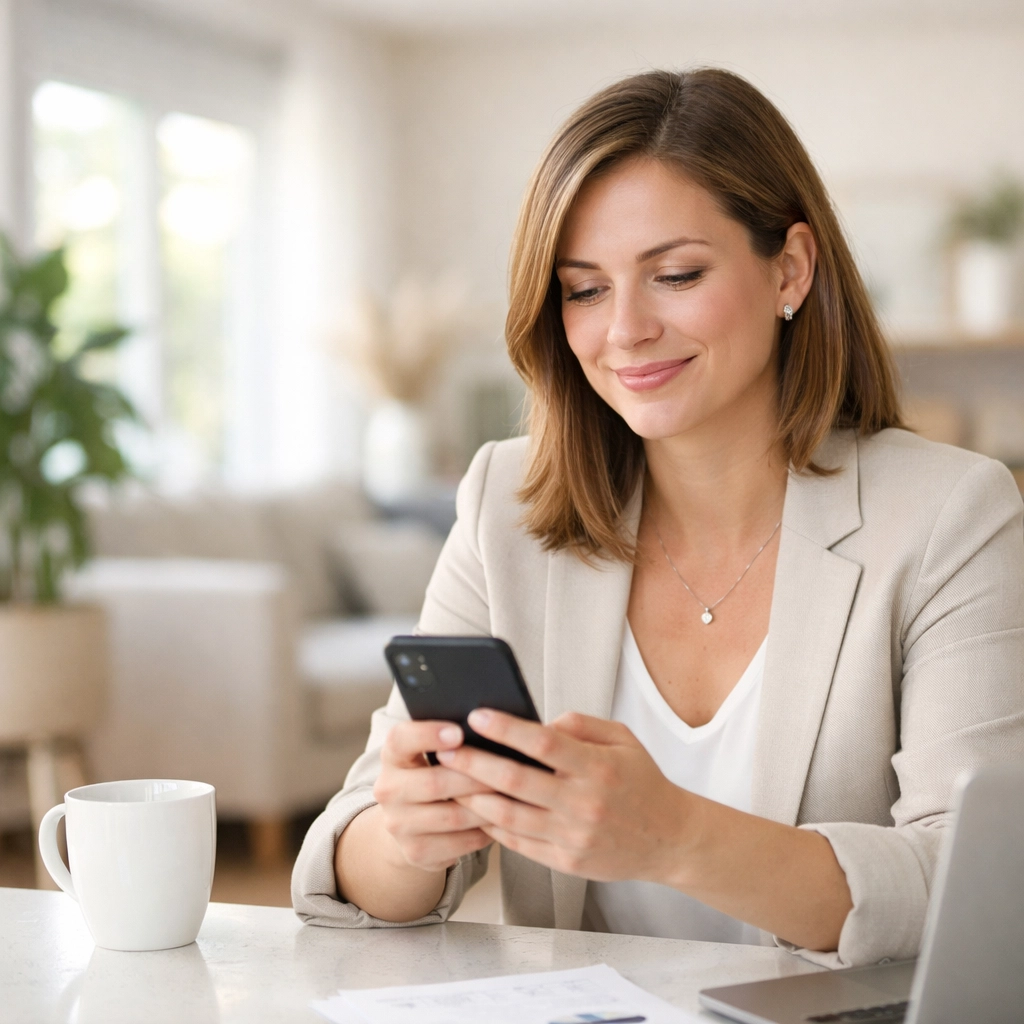 Relieved Canadian woman checking her approval for a payday loan without credit check on her phone.